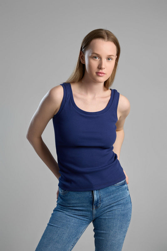 Recycled cotton women's basic tank top with scoop neck from makö, ideal for summer outfits, office, and casual style