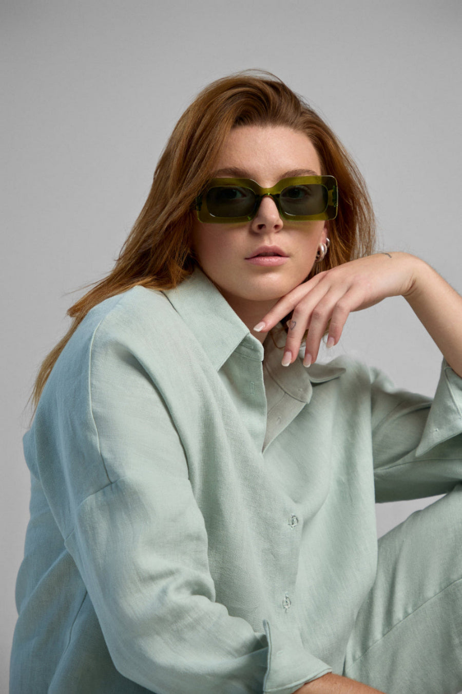 Women's light green sustainable hemp set with straight leg pants and oversized shirt, perfect for all seasons and events.