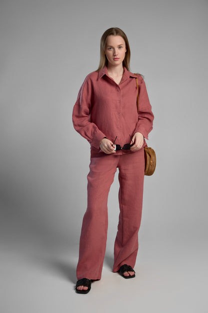 Women's sustainable hemp set with straight leg pants and oversized shirt in color masala. Perfect for all seasons and events.